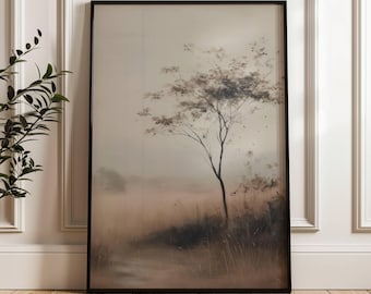 Vintage Baum Landschaft Poster | Friedliche Landschaft | Bauernhaus Dekor | Neutrale gedämpfte Kunst | Vintage Waldbild | Neutraler Tondruck
