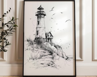Vintage Coastal Lighthouse | Black and White Sketch | Beach House Decor | Line Drawing | Antique Coastal Art | Summer Beach House
