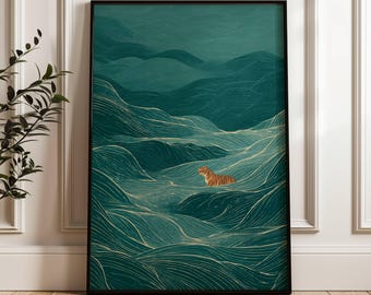 Tigre solitario en ondas estilizadas / Minimalista japonés / Impresión moderna para dormitorio / Influencia oriental / Póster de animales / Idea de regalo / Tigre nadando