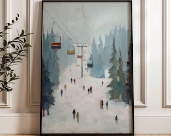 Paisaje invernal con telesilla / Ilustración de esquiadores en miniatura / Regalo para amantes del esquí / Decoración de esquí / Pintura invernal nevada / Arte de esquí