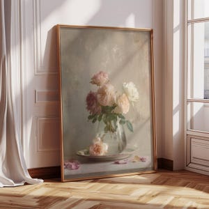 Roses in Glass Vase, Flower Still Life, Vintage Floral Print, Antique Kitchen Wall Decor, Cottagecore, Still Life With Flowers