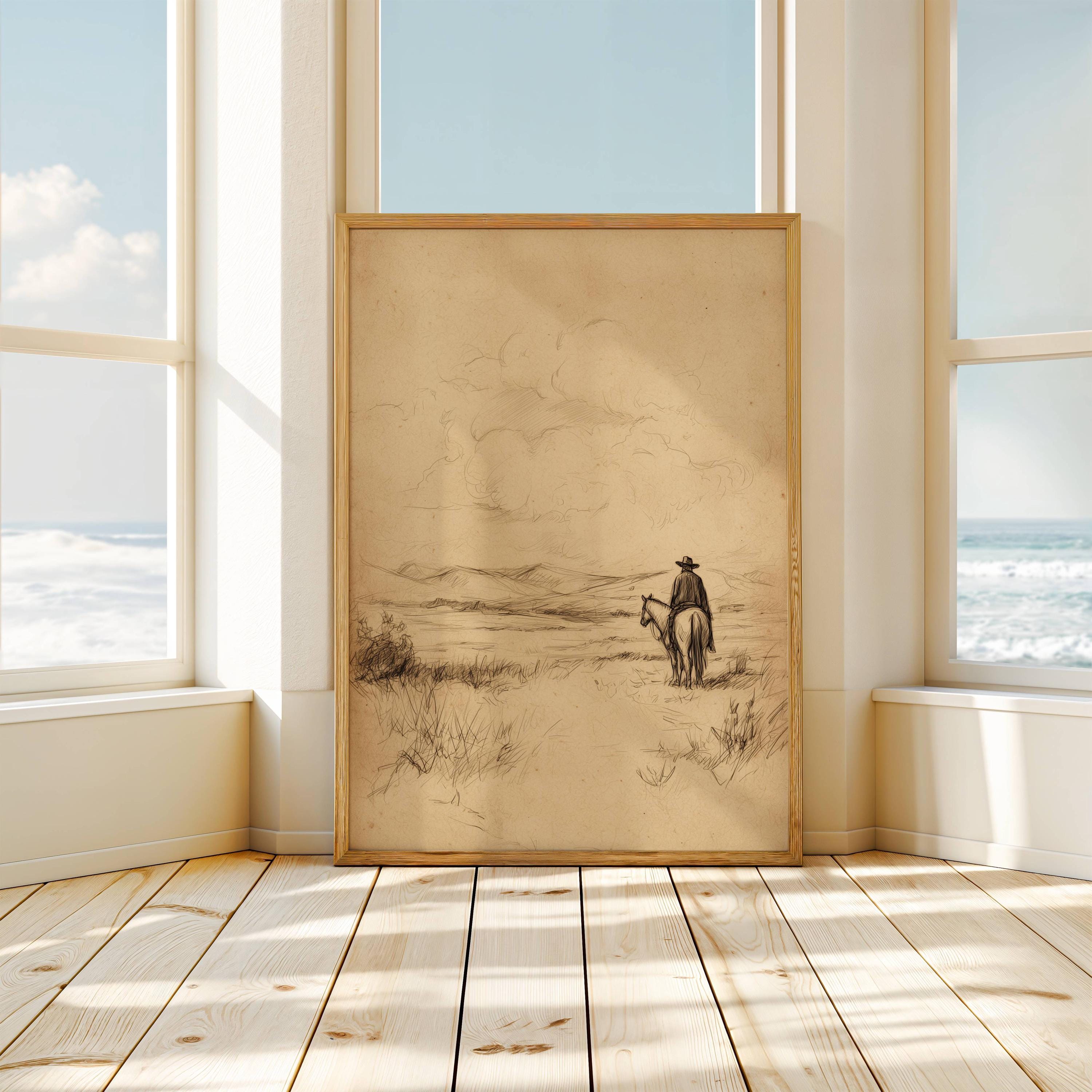 Farm Ranger Pencil Sketch | Western Cowboy | Vintage Horse Sketch Art ...
