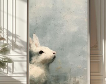 White Rabbit Portrait Print | Impressionist Textured Art | Rustic Animal Painting | Nursery Wall Decor | Digital Download