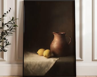 Jug and Lemons | Summer Fruit | Still Life| Yellow Art | Vintage Lemons Still Life Painting | Fruit Wall Decor | Vintage Kitchen Botanical