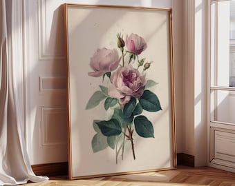Pink Rose Bouquet, Vintage Flowers, Botanical Bouquet, Floral Rose Artwork, Art for Kitchen