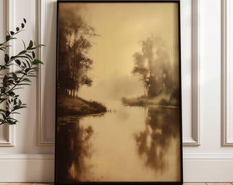 Nebliger Flussufer Landschaft Druck | Friedliche Landschaft | Bauernhaus Dekor | Neutrale Sepia Kunst | Vintage Waldbild | Neutraler Tondruck