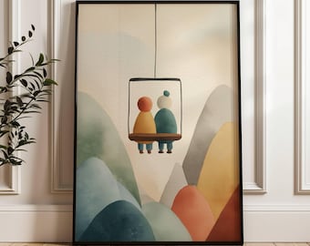 Pareja en telesilla / Montaña abstracta de esquí alpino / Regalo para amantes del esquí / Decoración de esquí / Pintura invernal nevada / Obra de arte de esquí