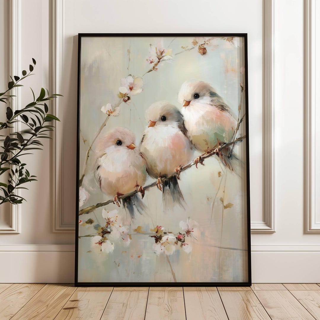 Three Birds Wall Art Print | Vintage Nature Decor | Landscape Oil ...