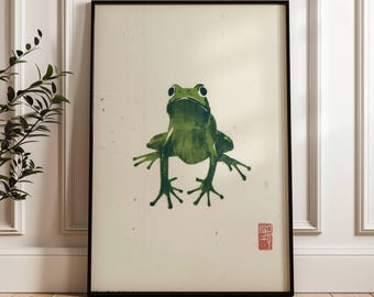 Japanese Green Frog | Playful Minimalist Animal Art | Antique Nursery Print | Eco-Friendly Home Decor | Animal Print | Kids Room