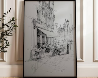 Trendy Paris Cafe Sketch Print | Black and White Sketch | Line Drawing | French Bistro | Minimalist Art | Urban Decor | Parisian Cafe