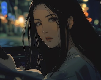 May include: A young woman with long black hair is driving a car at night. The city lights are visible in the background. She is wearing a white shirt and looking out of the window.