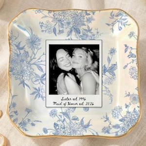 Personalized maid of honor ring dish with blue toile de jouy floral pattern, custom photo design, and white ceramic jewelry tray with gold trim
