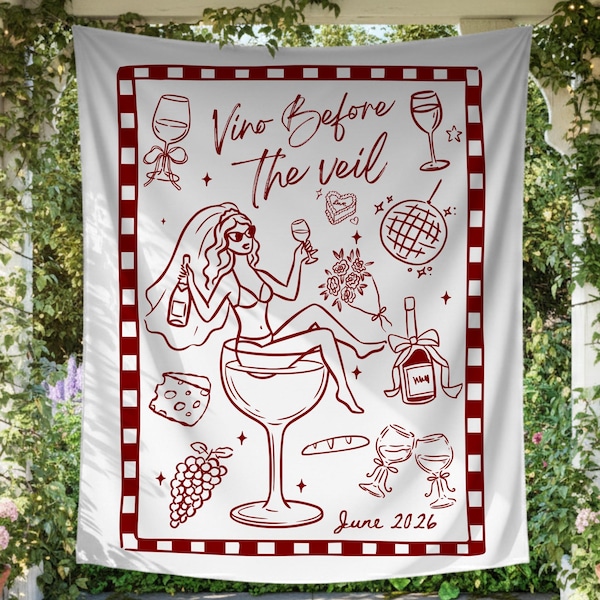 Vino Before The Veil Bannière personnalisée pour enterrement de vie de jeune fille ou de jeune garçon pour une douche nuptiale Vino