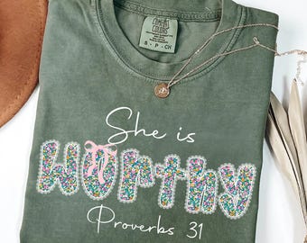She Is Worthy Comfort Colors® T-Shirt, Christian Shirts, Christian Bible Verse Tee, Religious Gift for Women, Faith Apparel Gift