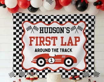 First Lap Around the Track Race Car First Birthday Banner: Custom Racer Birthday Backdrop for Party