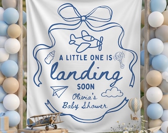 Little One Is Landing Airplane Baby Shower Backdrop: Custom Aviation Themed Banner