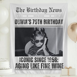 May include: A white fabric banner with the headline "The Birthday News" and the text "OLIVIA'S 70TH BIRTHDAY." A black and white photo shows a young girl wearing heart-shaped sunglasses. The banner reads "ICONIC SINCE 1956: AGING LIKE FINE WINE."
