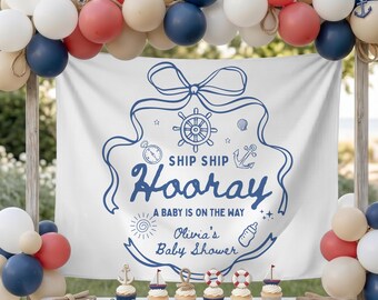 Ship Ship Hooray Nautical Baby Shower Backdrop: Custom Ocean Themed Banner