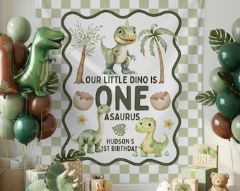 One Saurus Dinosaur First Birthday Party Banner: Custom Dino 1st Birthday Backdrop