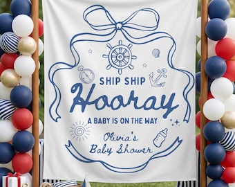 Ship Ship Hooray Nautical Baby Shower Backdrop: Custom Ocean Themed Banner