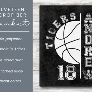 May include: Black veleteen microfiber blanket with a white basketball graphic. The blanket features the text "TIGERS", "ANDREW", and "18". The blanket is made of 100% polyester and is available in three sizes.