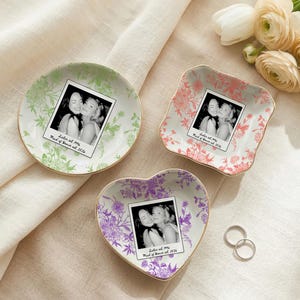 Personalized maid of honor ring dish with blue toile de jouy floral pattern, custom photo design, and white ceramic jewelry tray with gold trim
