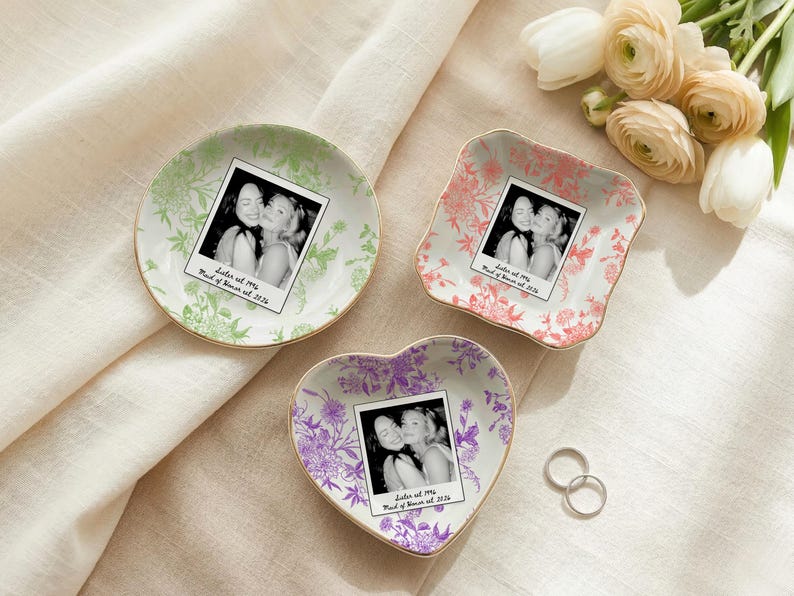Personalized maid of honor ring dish with blue toile de jouy floral pattern, custom photo design, and white ceramic jewelry tray with gold trim