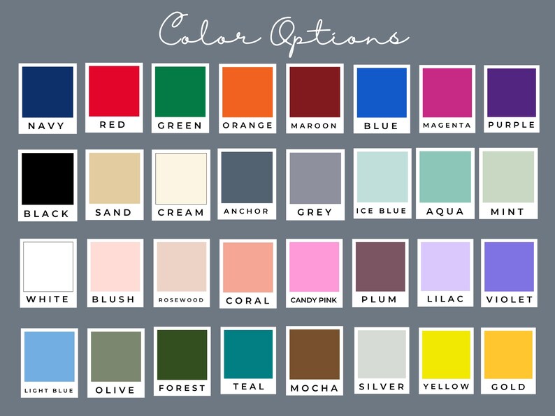 May include: A colour palette graphic with the text "Color Options" at the top. The palette features a grid of colour swatches, each labelled with a colour name, including Navy, Red, Green, Orange, and more. The colours are displayed in a variety of shades.