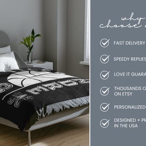May include: A black and white basketball-themed blanket featuring the text "18 MR. DRE" and a basketball graphic. The blanket is on a bed with pillows and a grey headboard. The image also includes text that says "why choose us?" and lists benefits.