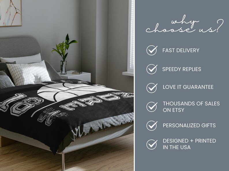 May include: A black and white basketball-themed blanket featuring the text "18 MR. DRE" and a basketball graphic. The blanket is on a bed with pillows and a grey headboard. The image also includes text that says "why choose us?" and lists benefits.