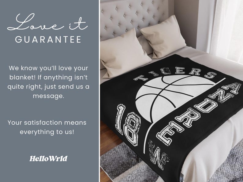 May include: Black blanket featuring a white basketball design, the word "TIGERS", the name "ANDRE", and the number "18". The blanket is on a bed with white pillows. The text "Love it GUARANTEE" is in the upper left corner.