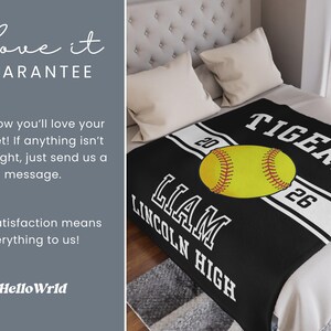 Personalized softball blanket with a custom design for a senior softball player, perfect as an end of season gift, senior night gift, or softball banquet keepsake for softball seniors and proud senior softball moms.