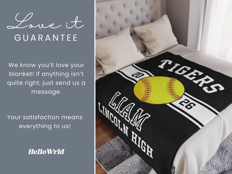 Personalized softball blanket with a custom design for a senior softball player, perfect as an end of season gift, senior night gift, or softball banquet keepsake for softball seniors and proud senior softball moms.