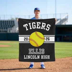 Personalized softball blanket with a custom design for a senior softball player, perfect as an end of season gift, senior night gift, or softball banquet keepsake for softball seniors and proud senior softball moms.