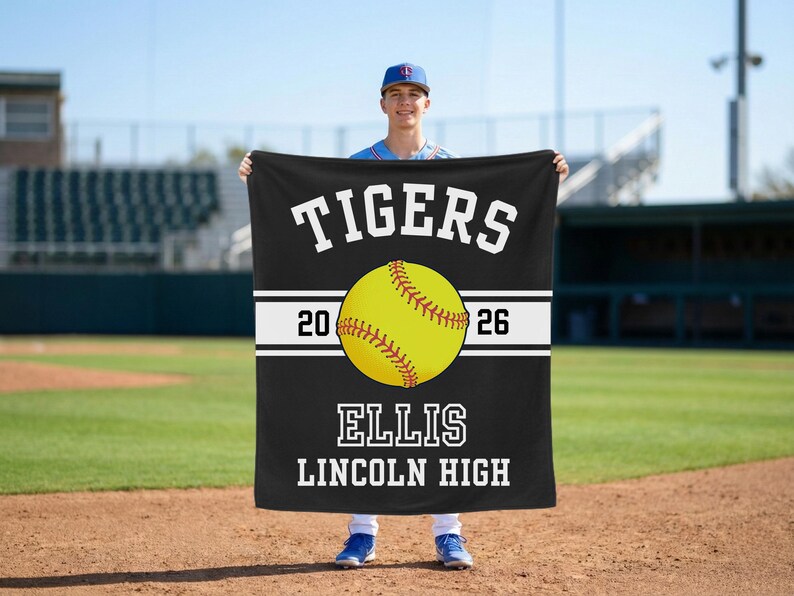 Personalized softball blanket with a custom design for a senior softball player, perfect as an end of season gift, senior night gift, or softball banquet keepsake for softball seniors and proud senior softball moms.