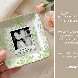 Personalized maid of honor ring dish with blue toile de jouy floral pattern, custom photo design, and white ceramic jewelry tray with gold trim
