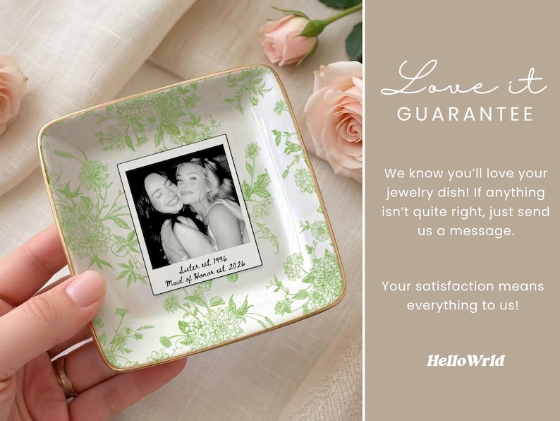 Personalized maid of honor ring dish with blue toile de jouy floral pattern, custom photo design, and white ceramic jewelry tray with gold trim