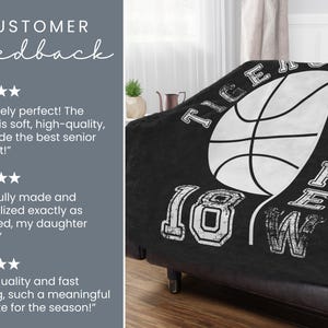 May include: Black blanket featuring a white basketball graphic, the name "Andrew", the number "18", and the word "Tigers". The blanket is draped over a dark grey sofa. The blanket is a senior night gift.