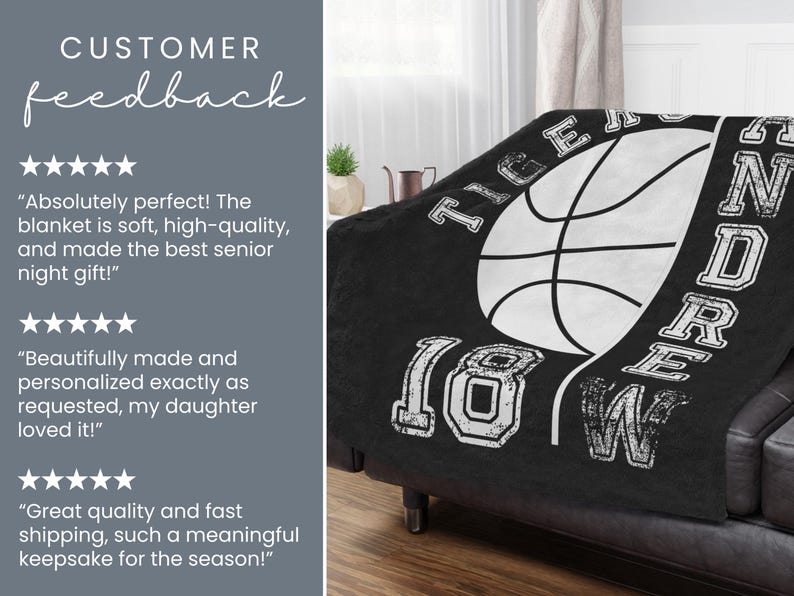 May include: Black blanket featuring a white basketball graphic, the name "Andrew", the number "18", and the word "Tigers". The blanket is draped over a dark grey sofa. The blanket is a senior night gift.