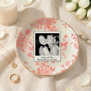 Personalized maid of honor ring dish with blue toile de jouy floral pattern, custom photo design, and white ceramic jewelry tray with gold trim