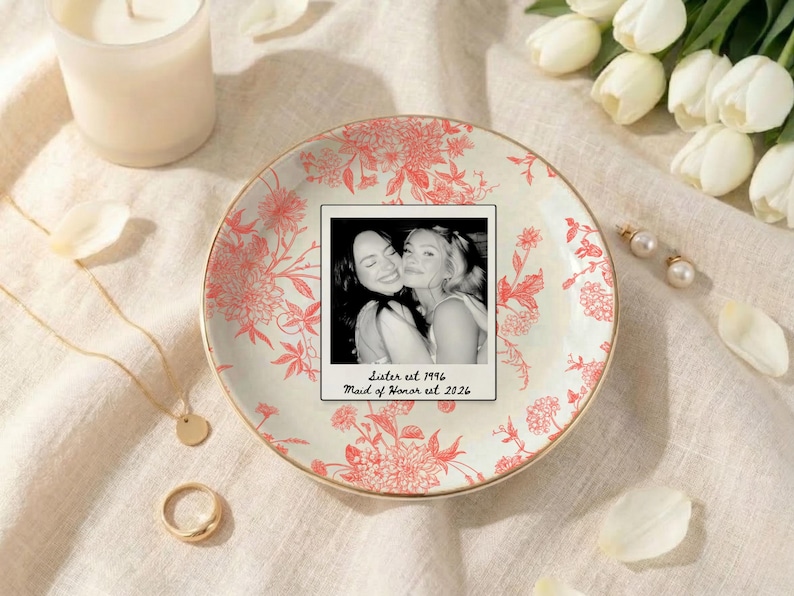 Personalized maid of honor ring dish with blue toile de jouy floral pattern, custom photo design, and white ceramic jewelry tray with gold trim