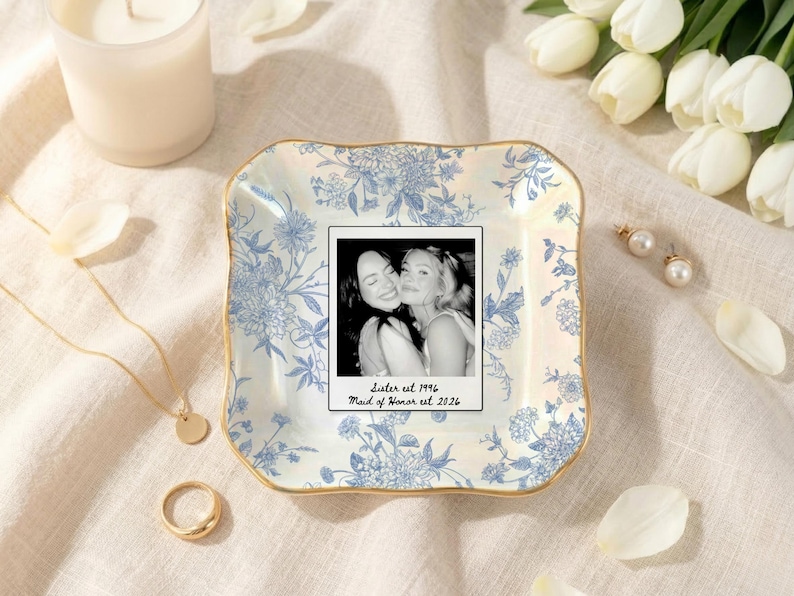 Personalized maid of honor ring dish with blue toile de jouy floral pattern, custom photo design, and white ceramic jewelry tray with gold trim