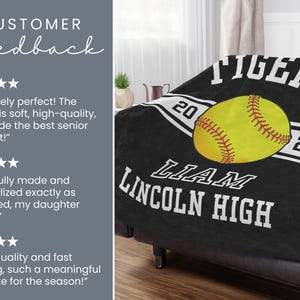 Personalized softball blanket with a custom design for a senior softball player, perfect as an end of season gift, senior night gift, or softball banquet keepsake for softball seniors and proud senior softball moms.