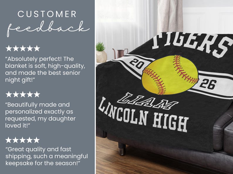 Personalized softball blanket with a custom design for a senior softball player, perfect as an end of season gift, senior night gift, or softball banquet keepsake for softball seniors and proud senior softball moms.