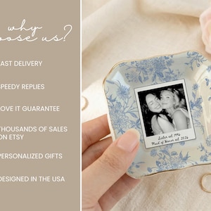 Personalized maid of honor ring dish with blue toile de jouy floral pattern, custom photo design, and white ceramic jewelry tray with gold trim