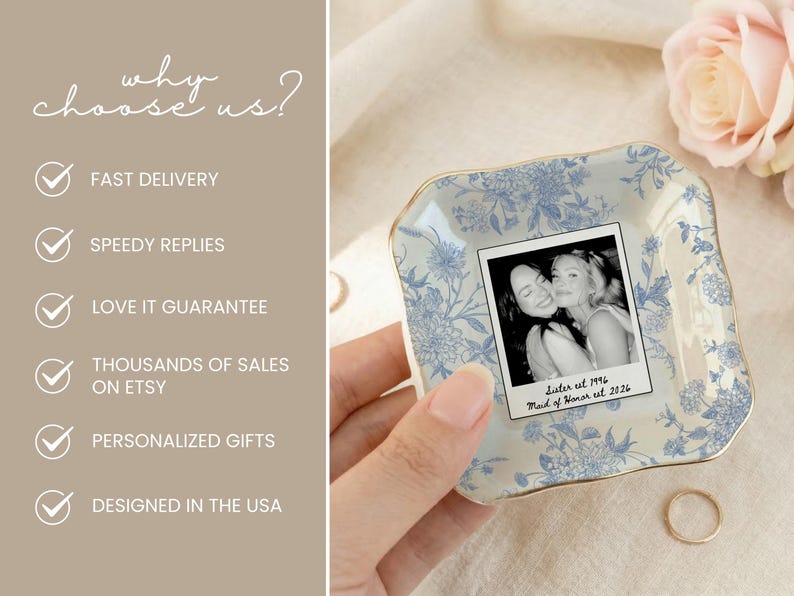 Personalized maid of honor ring dish with blue toile de jouy floral pattern, custom photo design, and white ceramic jewelry tray with gold trim