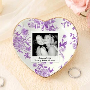Personalized maid of honor ring dish with blue toile de jouy floral pattern, custom photo design, and white ceramic jewelry tray with gold trim