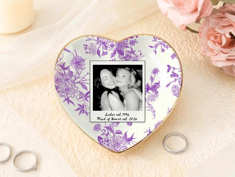 Personalized maid of honor ring dish with blue toile de jouy floral pattern, custom photo design, and white ceramic jewelry tray with gold trim