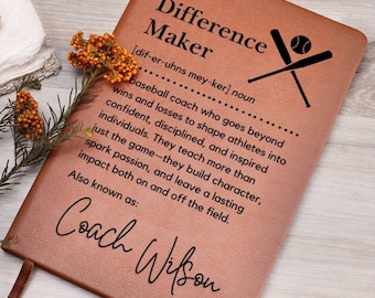 Custom Baseball Coach Gift Journal, Difference Maker Baseball Coach Gift, Coach Thank You Notebook, Appreciation Gift for Baseball Coaches