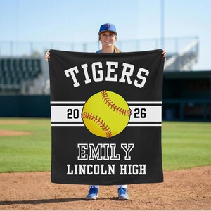 Personalized softball blanket with a custom design for a senior softball player, perfect as an end of season gift, senior night gift, or softball banquet keepsake for softball seniors and proud senior softball moms.